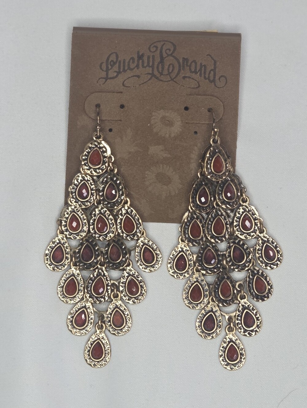 Lucky Brand Gold-Tone Teardrop Chandelier Earrings with Red Stones